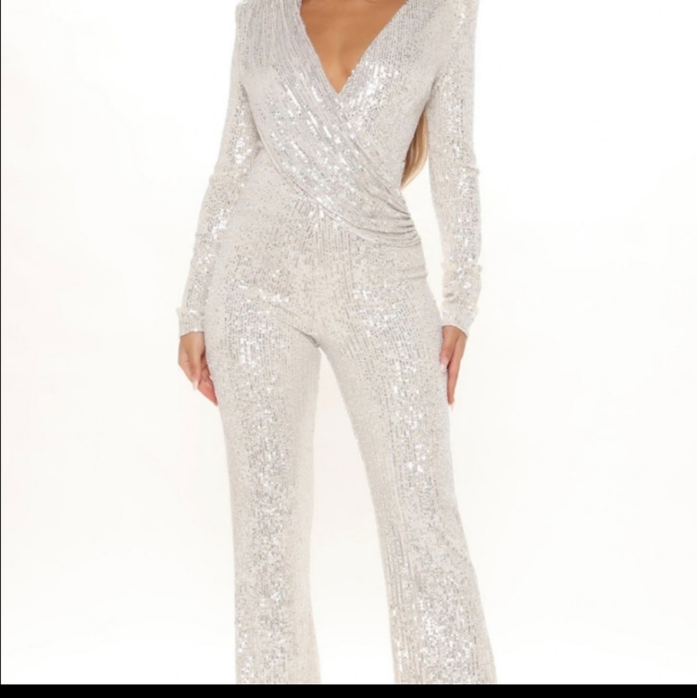 Silver sequin long sleeve jump suit